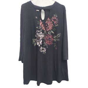 Maurices Womens BOHO Thermal Tunic Top XL Black Floral 3/4‎ Sleeve Cutout Neck